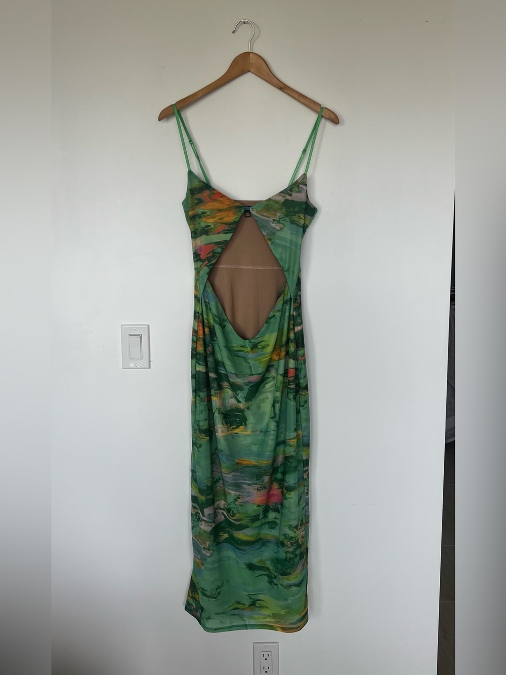 AFRM Green Orange Abstract Print Mesh Cutout Maxi Dress Size M Boho Party
